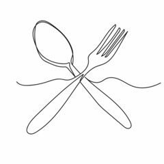 Vector abstract continuous one single simple line drawing icon of fork and a spoon in silhouette sketch.