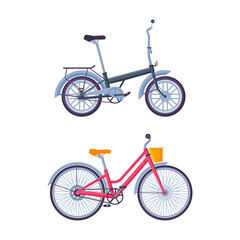 City Street Bicycle or Bike as Pedal-driven Single-track Vehicle with Two Wheels and Frame Vector Set