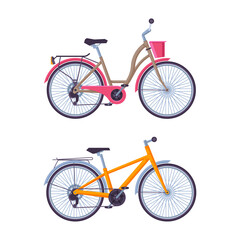 City Street Bicycle or Bike as Pedal-driven Single-track Vehicle with Two Wheels and Frame Vector Set
