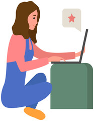 Distance learning, freelance and internet surfing. Woman working with laptop, looking at screen. Remote work with computer, online home freelancing. Girl sitts with laptop and clicks star icon