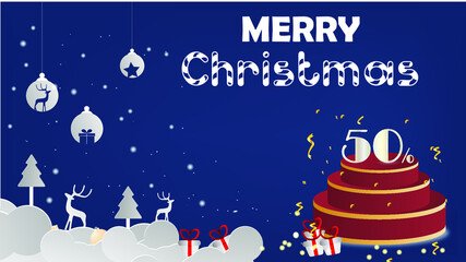 Fototapeta na wymiar Merry Christmas sale promotion poster, banner, and festive decoration on blue background.