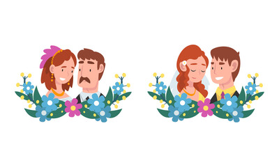 Man and Woman Newlywed Couple and Spouse with Semicircle Flower Composition Vector Set