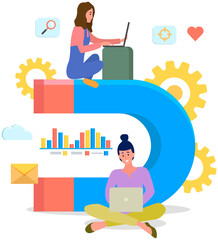 Analysing statistical presentation with laptop. People work with statistics, data settings, business planning. Distance working, freelance and internet surfing. Statistical analytics using technology