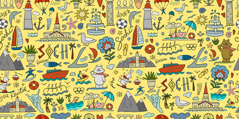 Travel to Sochi, Russian City on Black Sea. Tourism Concept. Seamless Pattern Background for your design
