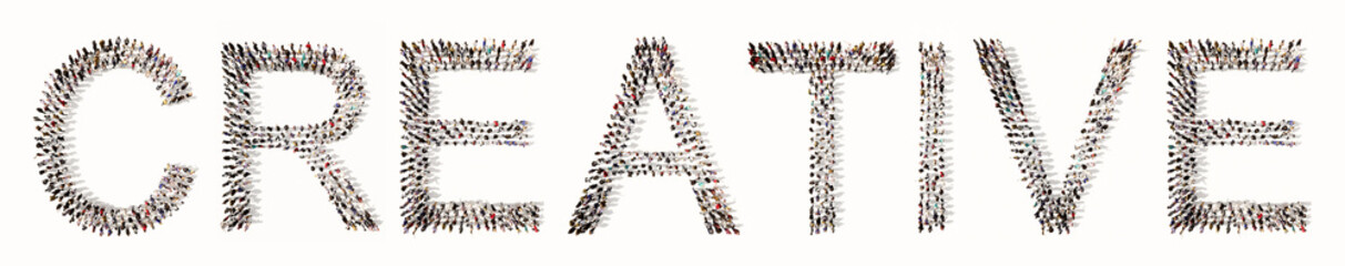 Concept or conceptual large community of people forming CREATIVE message. 3d illustration metaphor to  innovation, imagination, possible, creativity, leadership, management, successful, corporate