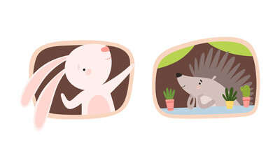 Cute Hare and Hedgehog Looking Out of Window in Their Cosy Burrow Vector Set