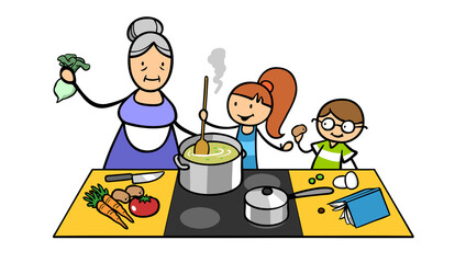 Kinder kochen Essen zusammen mit Großmutter zuhause