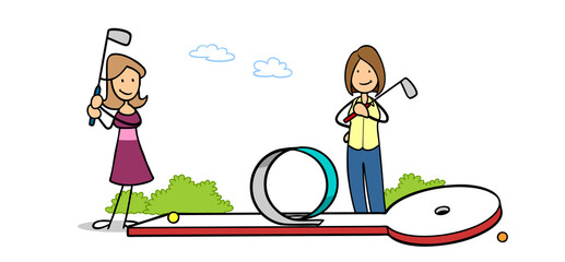 Zwei Frauen beim Minigolf Spiel in ihrer Freizeit