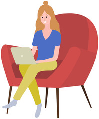 Distance learning, freelance and internet entertainment. Woman working with laptop home. Remote work, typing on computer keyboard, online home freelancing. Girl looking screen. Chatting, communication