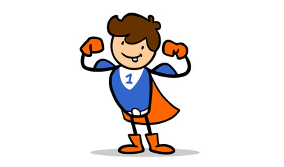 Superhelden Junge im Kostüm zeigt Muskeln