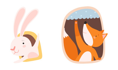 Cute Hare and Fox Looking Out of Window in Their Cosy Burrow Vector Set