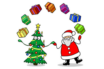 Weihnachtsmann und Tannenbaum jonglieren Geschenke