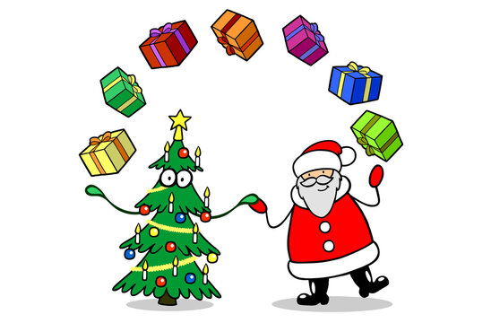 Weihnachtsmann und Tannenbaum jonglieren Geschenke
