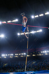 Pole Vault Jumping: Professional Male Athlete on World Championship Successfully Jumping with Pole...