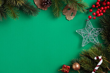 Christmas background design concept with fir tree branch and decorations