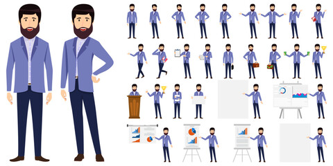 Cute businessman character set wearing modern business outfit and standing with different poses and with podium presentation board with sales graph chart isolated and posing