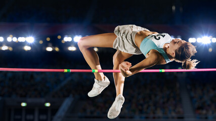 High Jump Championship: Professional Female Athlete on World Championship Successfully Jumping over Bar. Shot of Competition on Stadium with Sports Achievement Experience. Determination of Champion. - obrazy, fototapety, plakaty