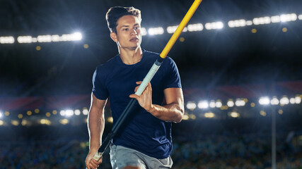 Pole Vault Jumping: Portrait of Professional Male Athlete on World Championship Running with Pole to Jump over Bar. Shot of Competition on Big Stadium with Sports Achievement Experience - obrazy, fototapety, plakaty