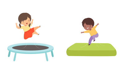 Cute Little Kids Bouncing on Trampoline Jumping with Laugh Vector Set