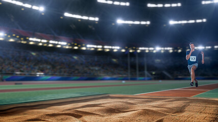 Long Jump Championship: Professional Male Athlete Running on Track Before Long Distance Jumping. Determination, Motivation, Inspiration of Successful Sports Man on World Competition on Big Stadium