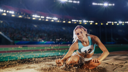 Long Jump Championship: Professional Female Athlete Jumping on Long Distance. Determination,...