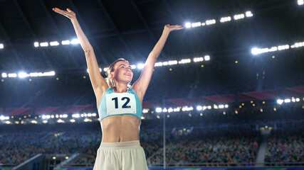 Portrait of Professional Female Athlete on Stadium Happily Celebrating New Record with Raised Arms on World Sports Championship. Determination, Motivation, Inspiration are the Key of Success Story