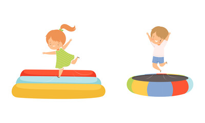 Cute Little Kids Bouncing on Trampoline Jumping with Laugh Vector Set