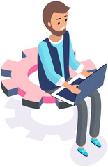 Operating system maintenance for web design. Adjusting app, setting options, repair, fixing. Man with laptop working with settigns program. Phone customization application development with computer