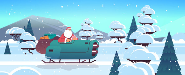 santa claus driving sleigh car with gifts merry christmas happy new year winter holidays celebration concept