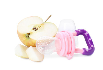 Empty nibbler and cut apple on white background. Baby feeder