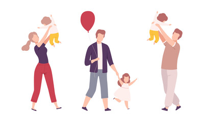 Parent and His Growing Son and Daughter Vector Set