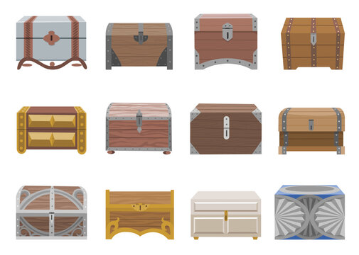 Chest box set of different styles. Various of ancient treasure box or pirate chests of closed wooden container. Vector cartoon icons coffer isolated on white background