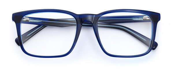 top view glasses isolated on white background, blue plastic unisex spectacle