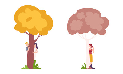 Man and Woman Character Standing Behind Tree Trunk Peeking and Looking Vector Set