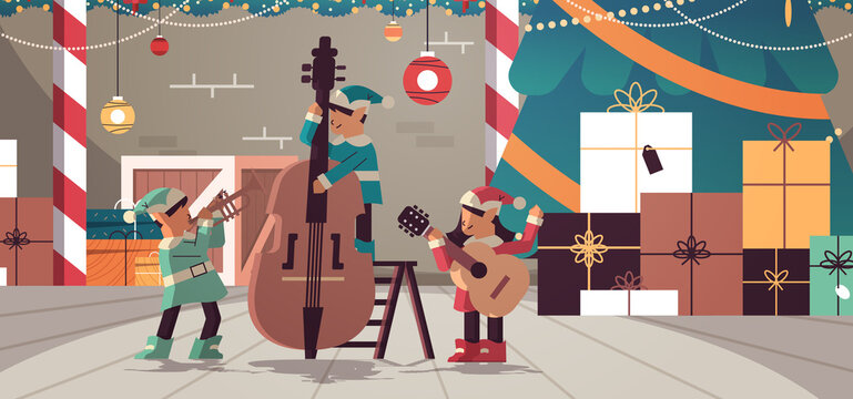 elves with musical instruments santa helpers team playing guitar and trumpet happy new year christmas holidays celebration