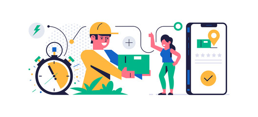 Fototapeta premium Online parcel delivery service concept. Mobile app concept. Phone with parcel delivery app on display. The courier gives the order to a happy woman. Stopwatch, line, icon. Flat vector illustration