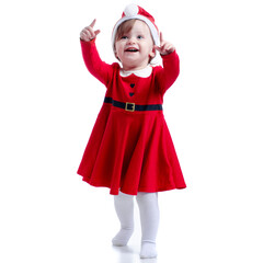 Christmas baby girl goes smiling happiness looking showing on white background isolation