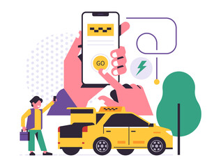 Taxi ordering service mobile application concept. A hand holding a phone with booking a taxi on the display. Car trunk, passenger, icon, badge. Flat vector illustration