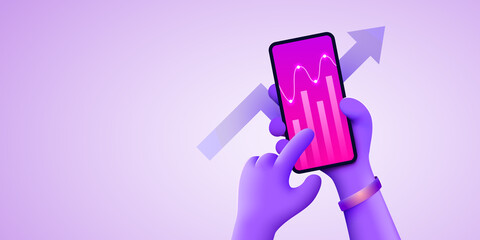 Mobile technology concept. Market trend graphs analysis on smartphone. Hand holds phone. Infographic and statistics on screen.