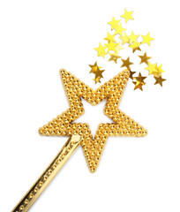Beautiful golden magic wand with confetti on white background, top view