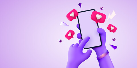 Obraz na płótnie Canvas Cute 3D cartoon hand holding mobile smartphone with Likes notification icons. Social media and marketing concept.