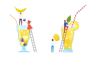 Tiny People Character Making Cocktail Putting Ingredients Into Huge Glass with Ladder Vector Set