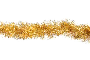 Shiny golden tinsel isolated on white, top view