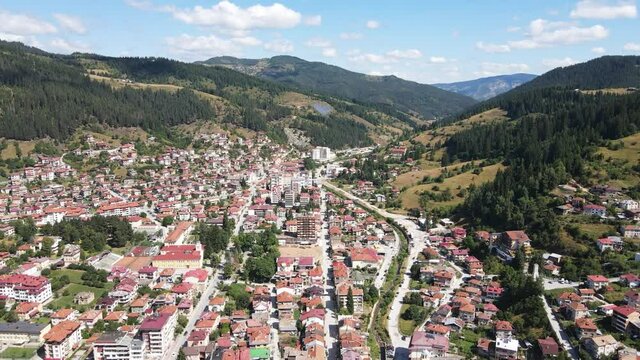 Aerial view of the famous Bulgarian ski resort Chepelare, Smolyan Region, Bulgaria