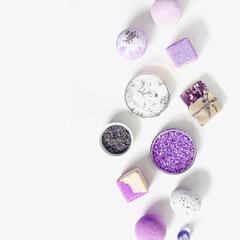 Natural Lavender essential fragrant aromatherapy, bath bomb, soap, bottle essential oil, jar with sea salt. Lavender Herbal medicine, natural cosmetic for body treatment, Health and self-care
