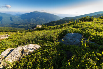 Naklejka premium mountain landscape in summer. view in to the distant valley from the top of an alpine meadow with stones and rocks. beautiful nature of carpathian region with forested hills