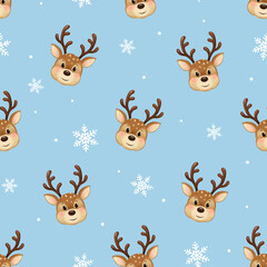 Seamless Christmas pattern. Cute deer, stars and snowflakes. New Year and Christmas holidays, New Year's decor for home and clothes