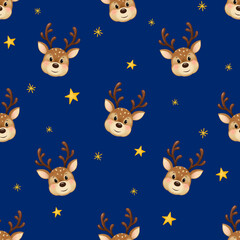 Obraz premium Seamless Christmas pattern. Cute deer, stars and snowflakes. New Year and Christmas holidays, New Year's decor for home and clothes