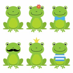 Cute green frog with flower, crown, bow, mustache cartoon character isolated on white background