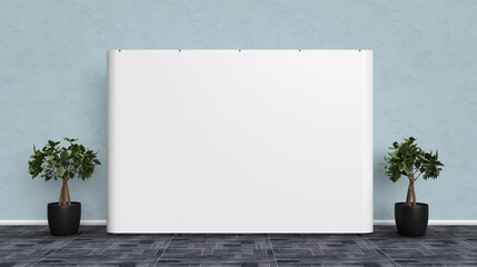 Exhibition Blank Graphic Display Wall on Dark tiles in front of a light blue wall and pot plants on the sides. 3D Render Illustration
